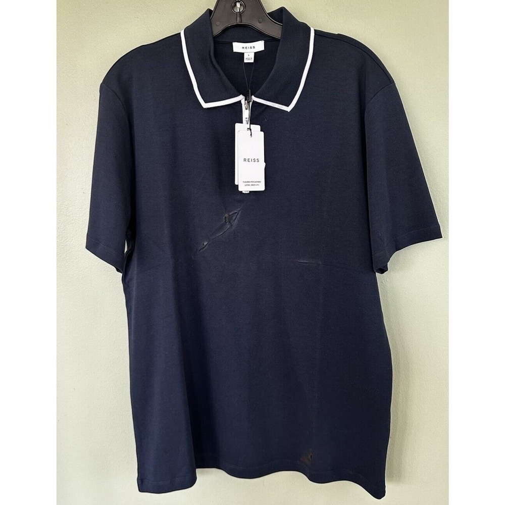 Reiss Men's Sz L Cannes Slim Fit Cotton Quarter Zip Shirt Navy Blue Flaw​​​